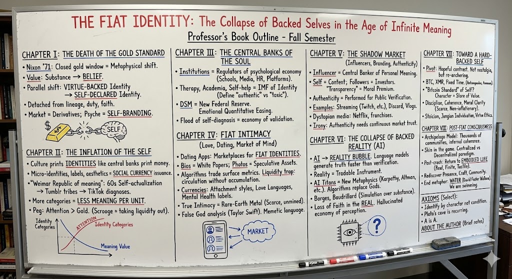 Visual representation of philosophical and economic diagrams related to fiat identity concepts